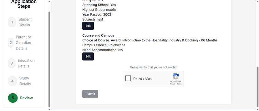 Application submission process.