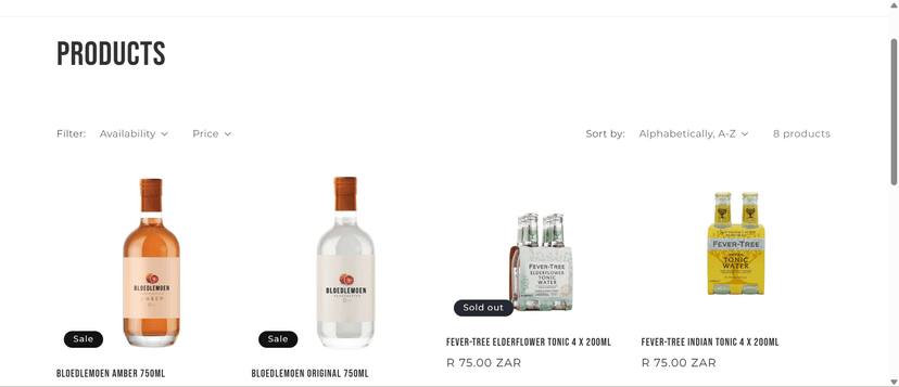 Products page with filtering, sorting, and inventory management.