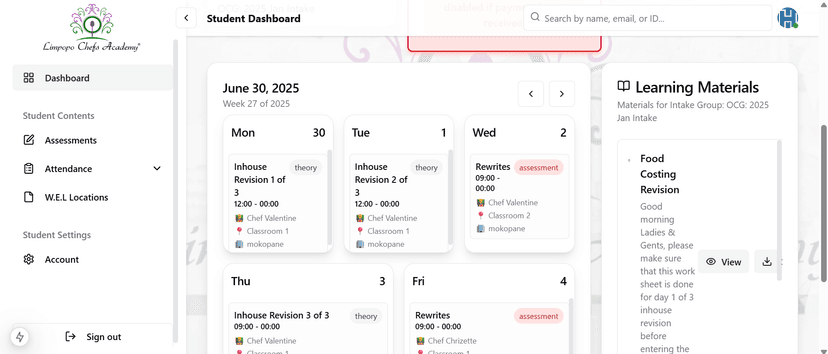 Student dashboard for tracking progress.