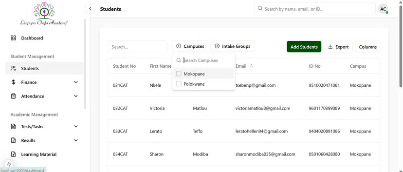 Student search functionality for admin users.